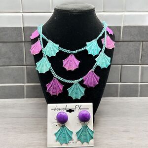 Vintage Turquoise Purple Metal Dangles Chain Mermaid Fin Necklace and Earrings